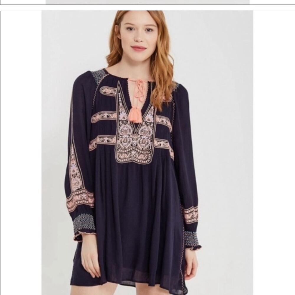 Free People Wind Willow Embroidered Navy Long Sleeve Mini Boho Peasant Dress XS